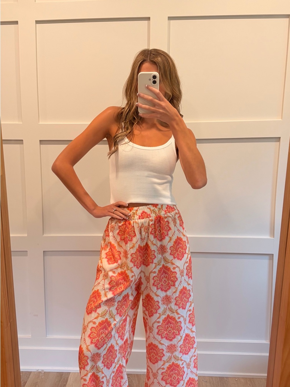 Wide Leg Floral Print Pants - White & Coral